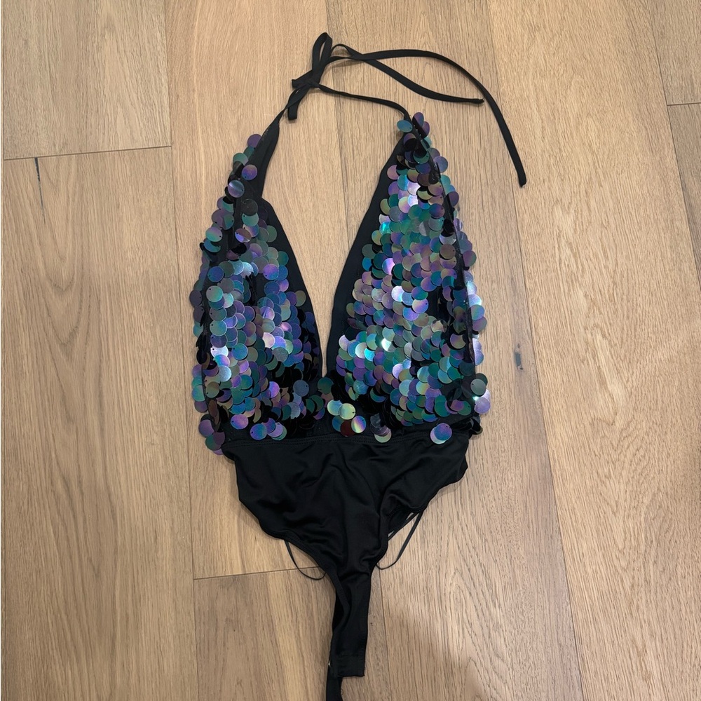 superdown Black Halter Bodysuit with Iridescent Sequins